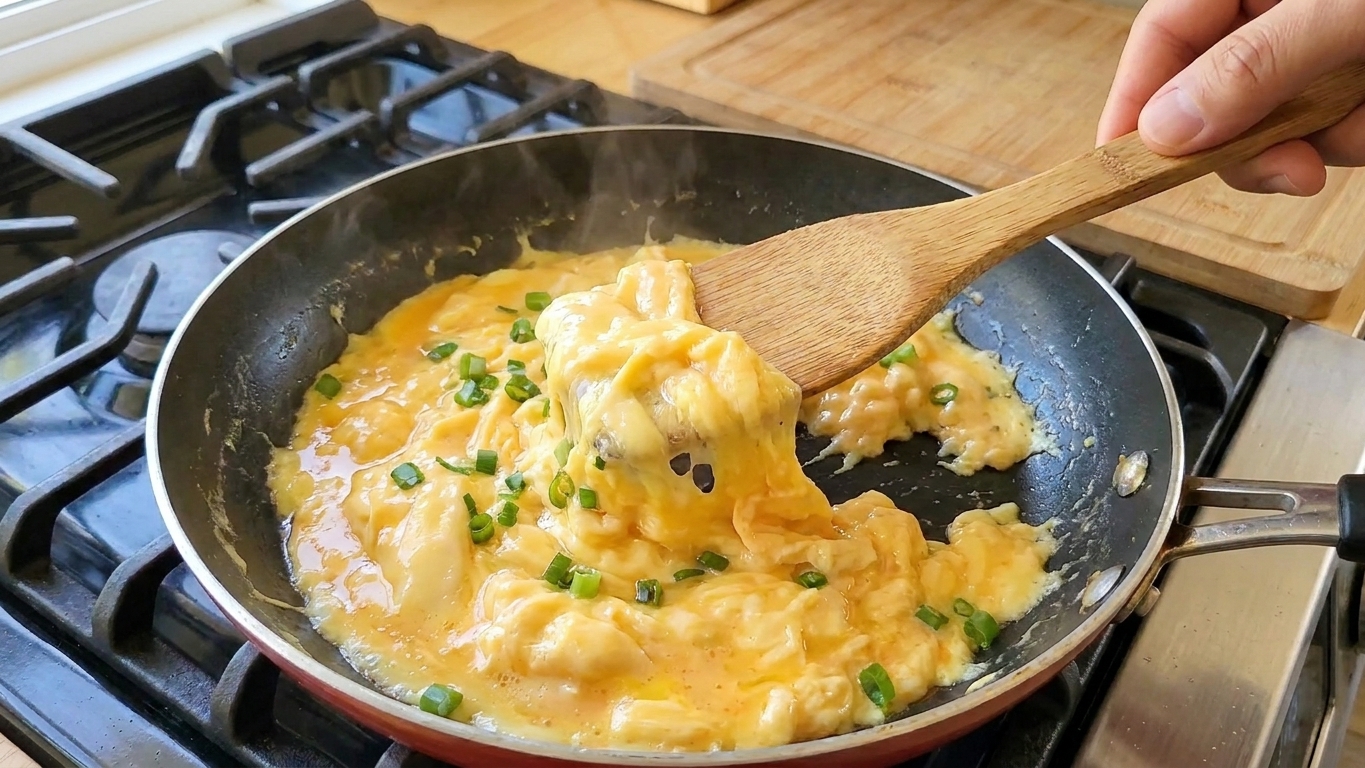 Soft scrambled eggs just set in a skillet, still slightly glossy, with a spatula lifting curds