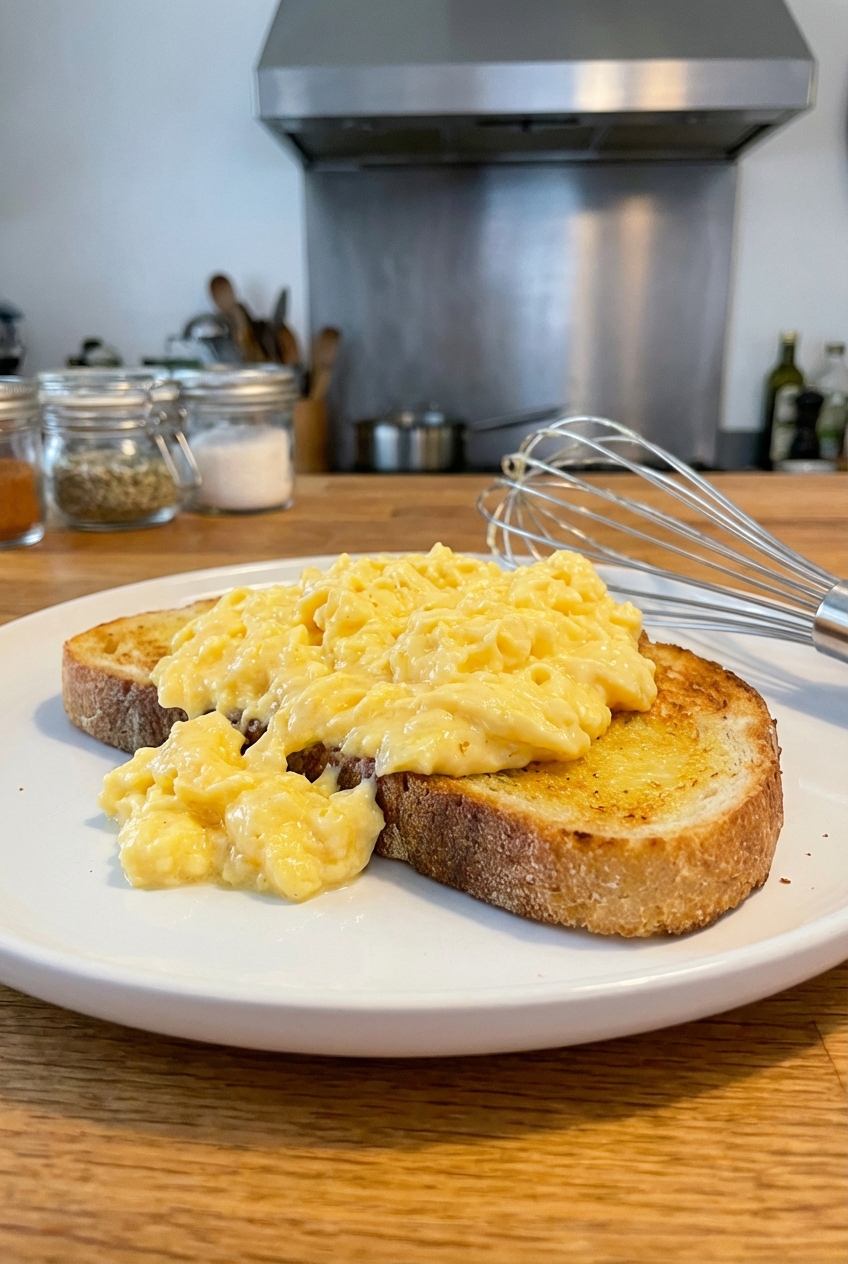 Soft scrambled eggs on buttered toast on a white plate