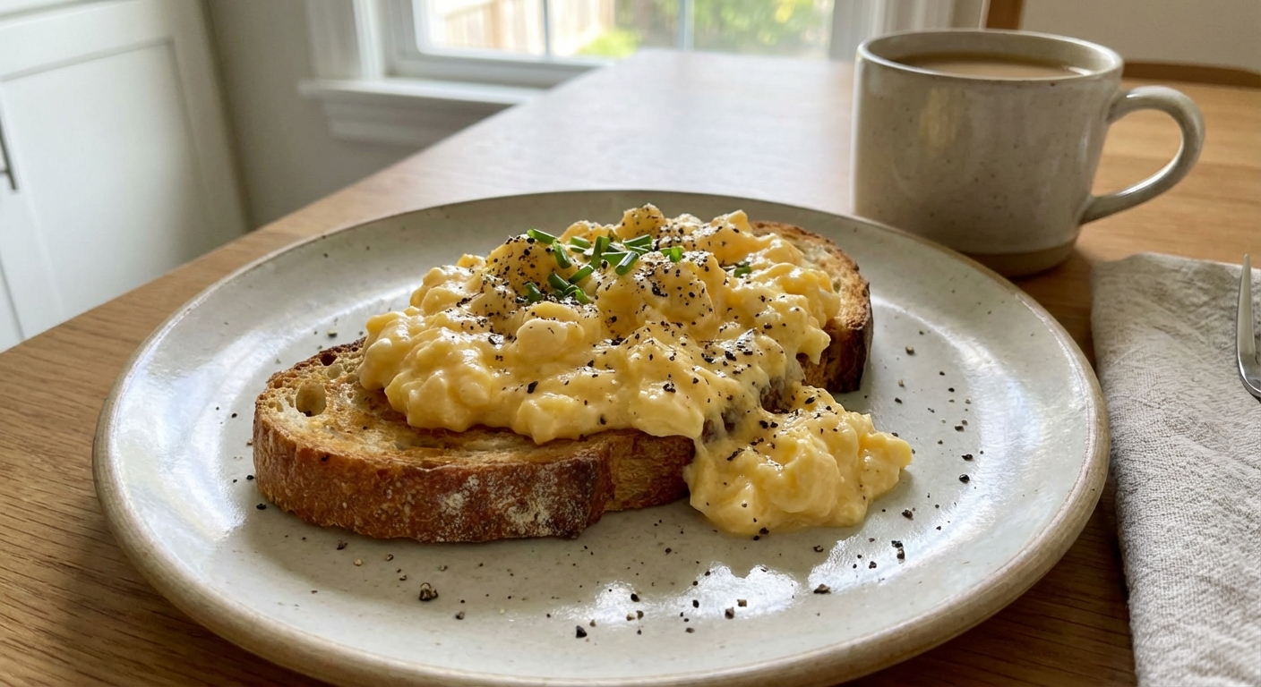 Soft scrambled eggs on toast with cracked black pepper