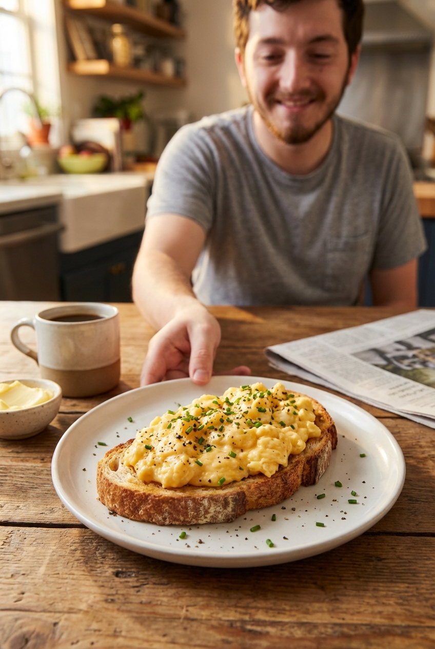 Soft scrambled eggs on toast