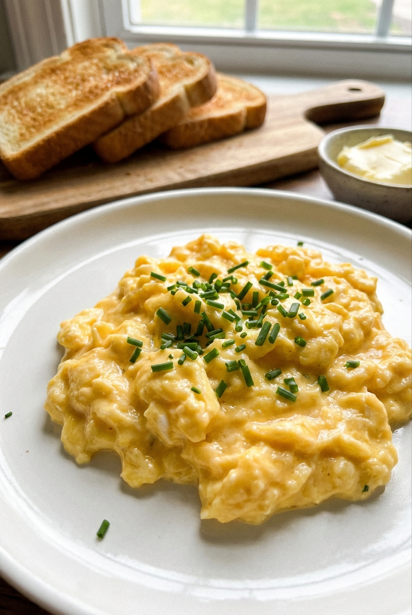Soft scrambled eggs served on a white plate with chives and toast in the background