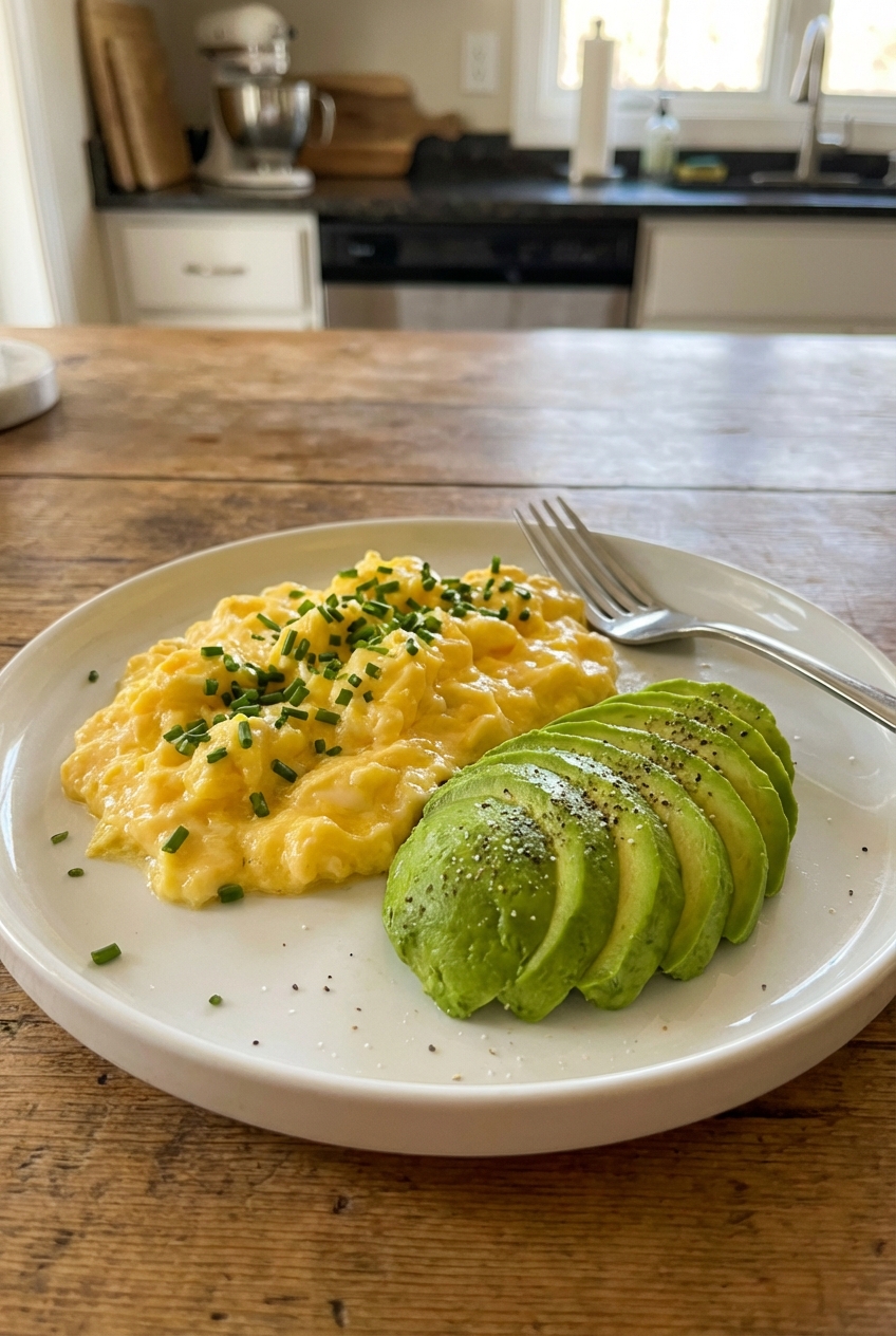 Soft scrambled eggs with chives next to sliced avocado