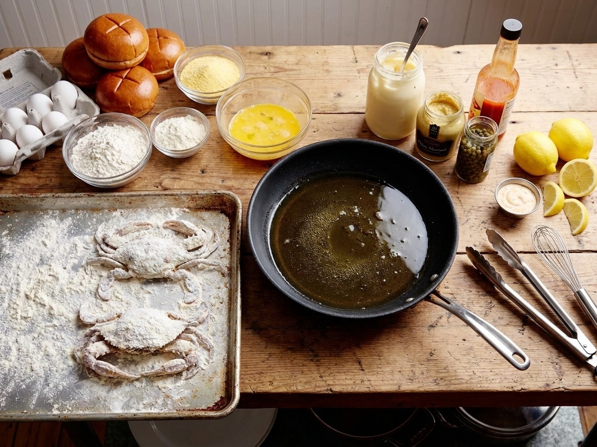 Soft shell crabs, flour, cornmeal, eggs, lemons, mayonnaise, Dijon mustard, capers, hot sauce, and buns arranged on a clean kitchen counter