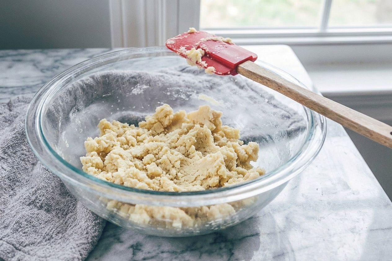 Soft shortbread dough in a mixing bowl with a rubber spatula resting on the side on a light stone countertop