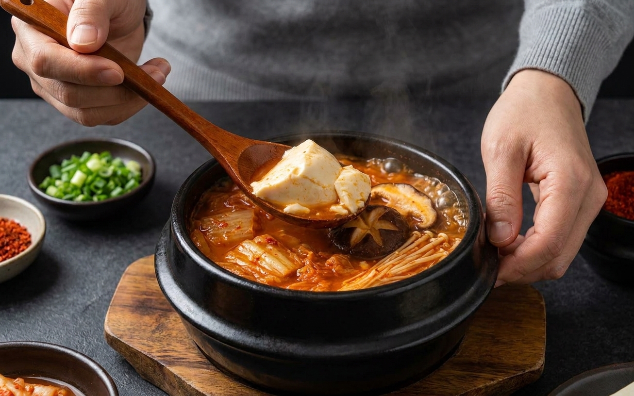 Soft tofu being spooned into a simmering red broth in a small pot, with visible kimchi and mushrooms