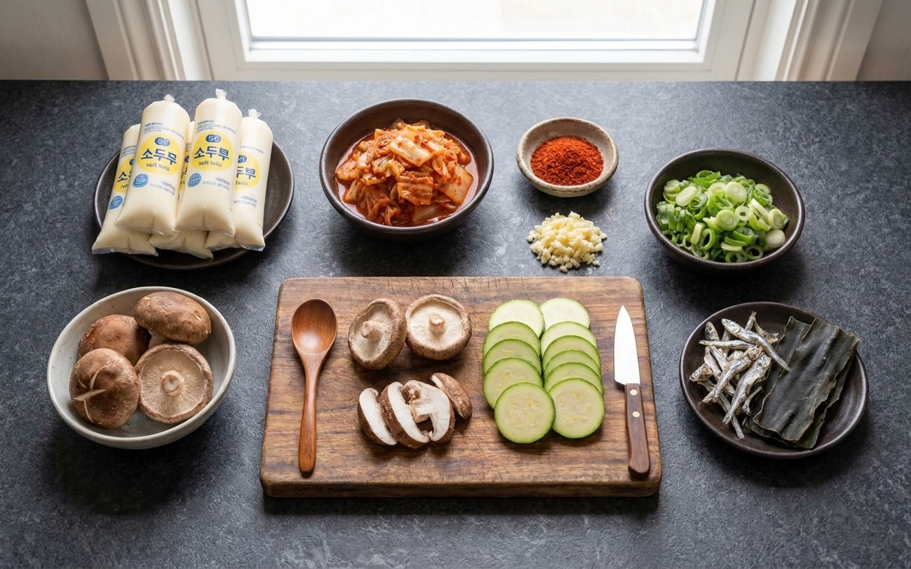 Soft tofu tubes, kimchi, gochugaru, garlic, scallions, mushrooms, zucchini, and broth ingredients arranged on a bright kitchen counter