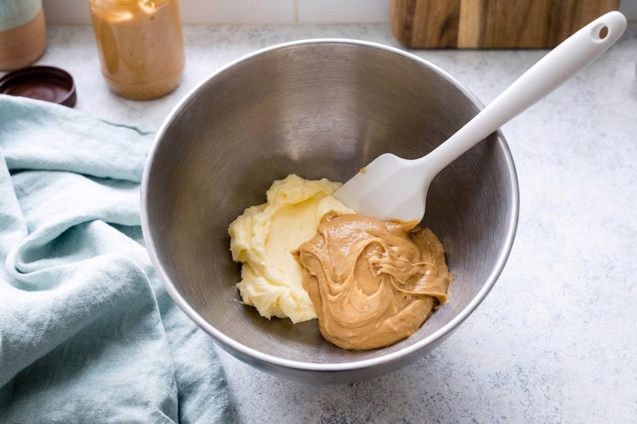 Softened butter and creamy peanut butter in a mixing bowl ready to be whipped on a bright kitchen counter