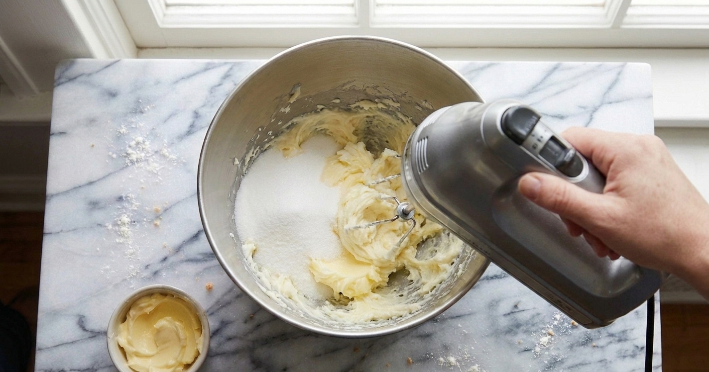 Softened butter and granulated sugar in a mixing bowl being creamed with a hand mixer on a bright kitchen counter
