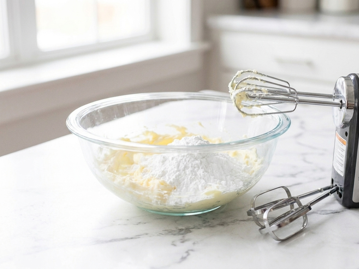 Softened butter and powdered sugar in a glass mixing bowl with a hand mixer resting beside it on a kitchen counter