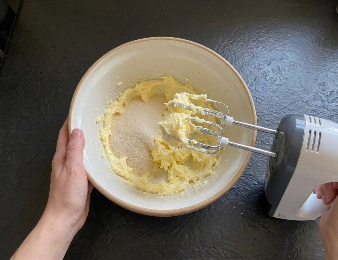 Softened butter and sugar being creamed together in a mixing bowl on a kitchen counter with a hand mixer nearby