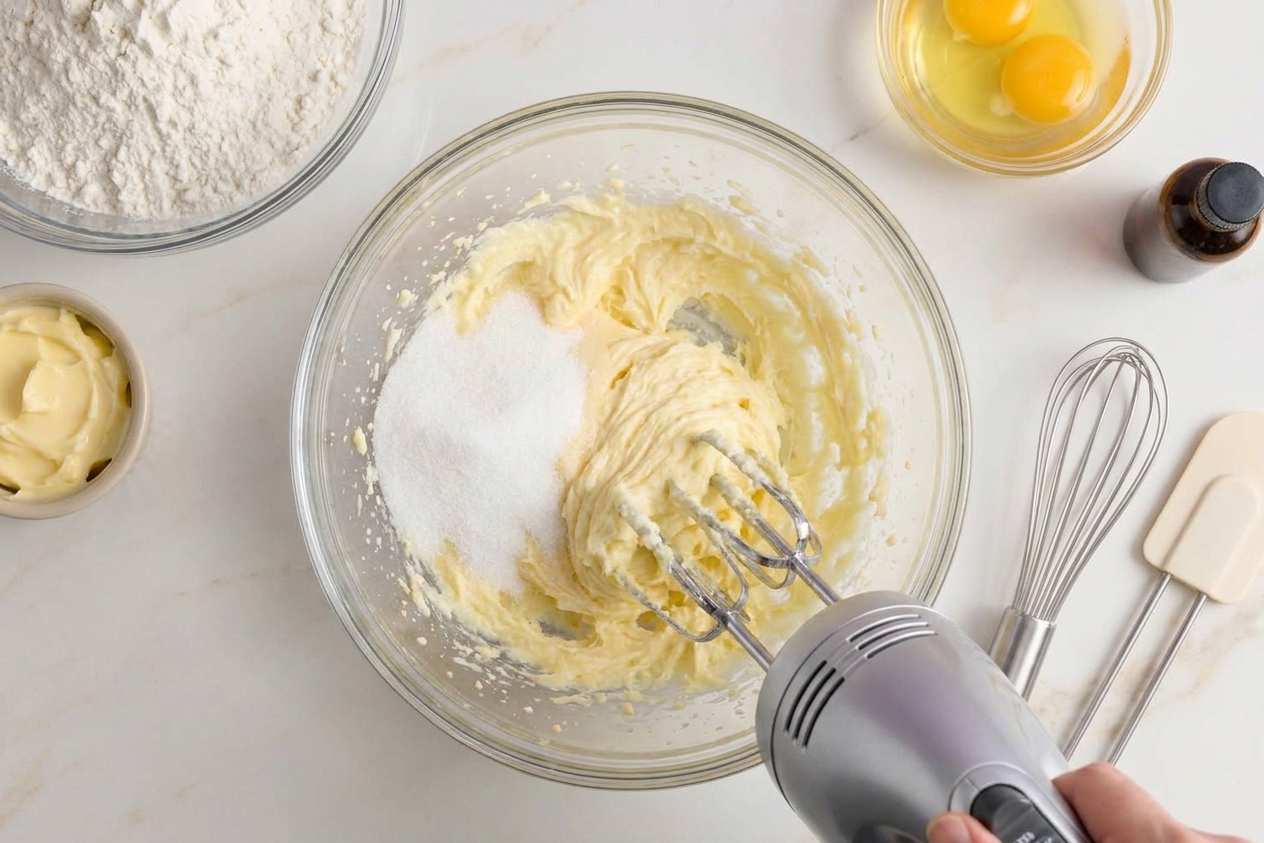 Softened butter and sugar being creamed together in a mixing bowl with a hand mixer, viewed from above on a light kitchen counter