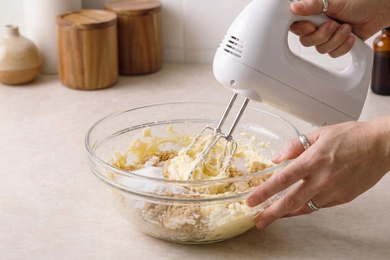 Softened butter and sugars being creamed together in a mixing bowl with a hand mixer on a kitchen counter