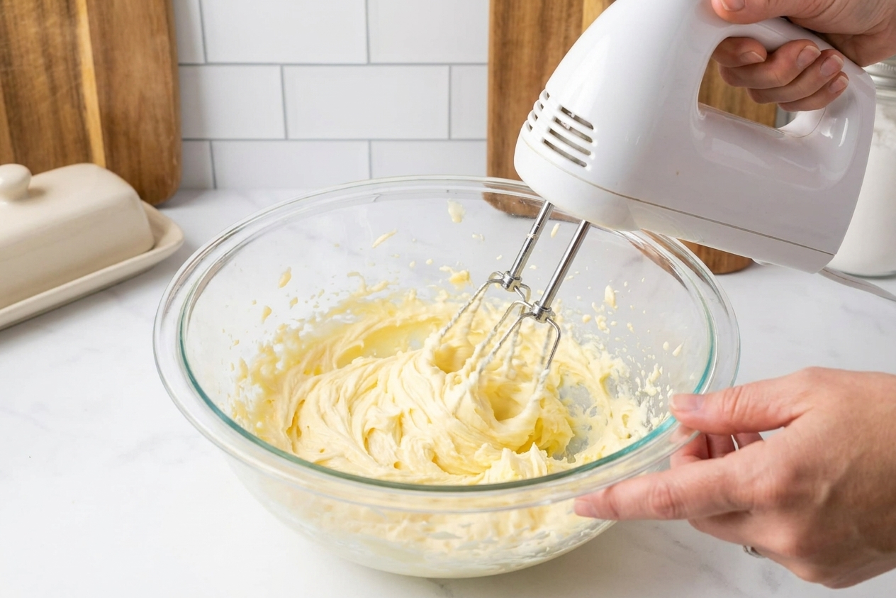 Softened butter being beaten in a mixing bowl with a hand mixer on a bright kitchen counter