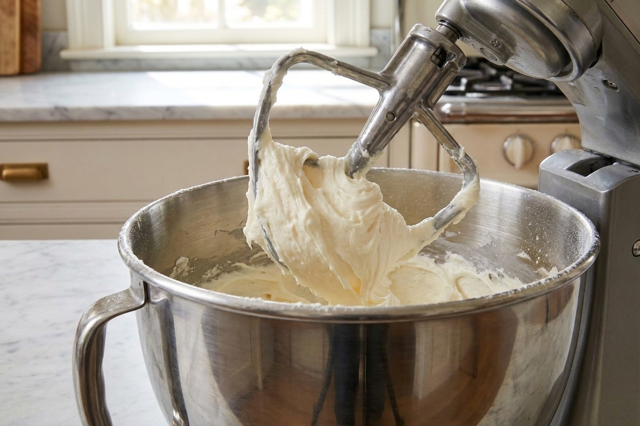 Softened butter being beaten in a stand mixer until pale and fluffy