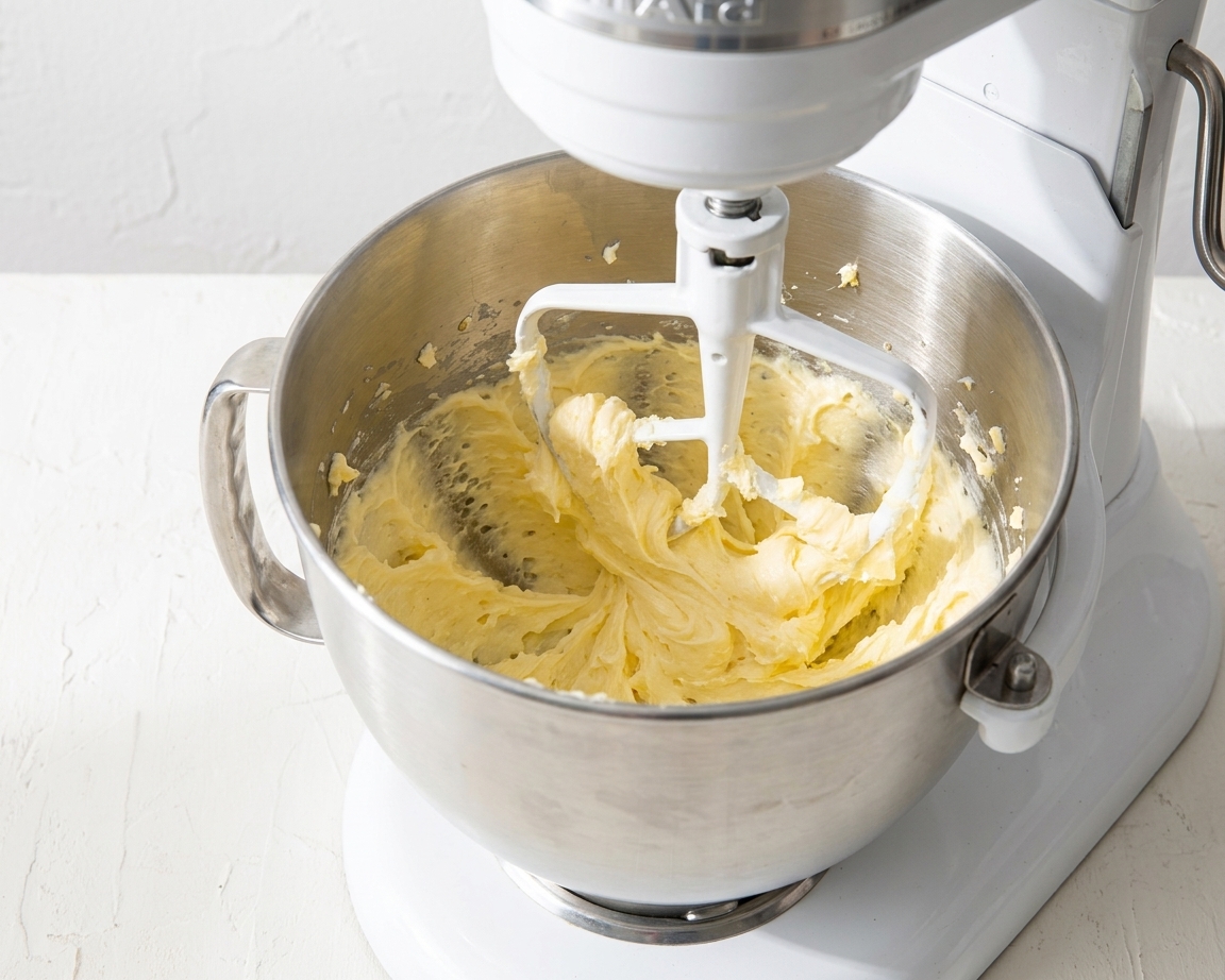 Softened butter being creamed in a stand mixer bowl with the paddle attachment, viewed from the side on a clean kitchen counter