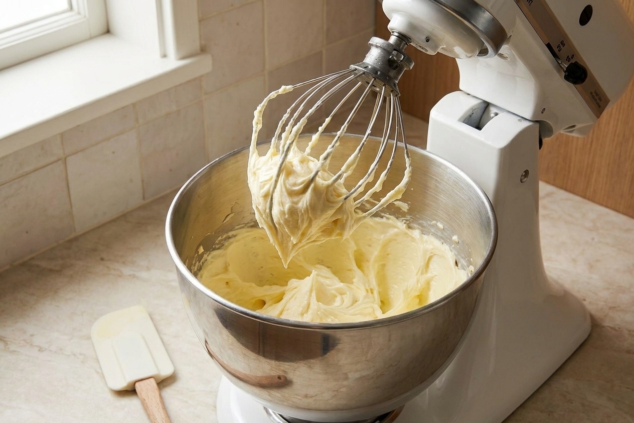 Softened butter being whipped in a stand mixer bowl until pale and fluffy