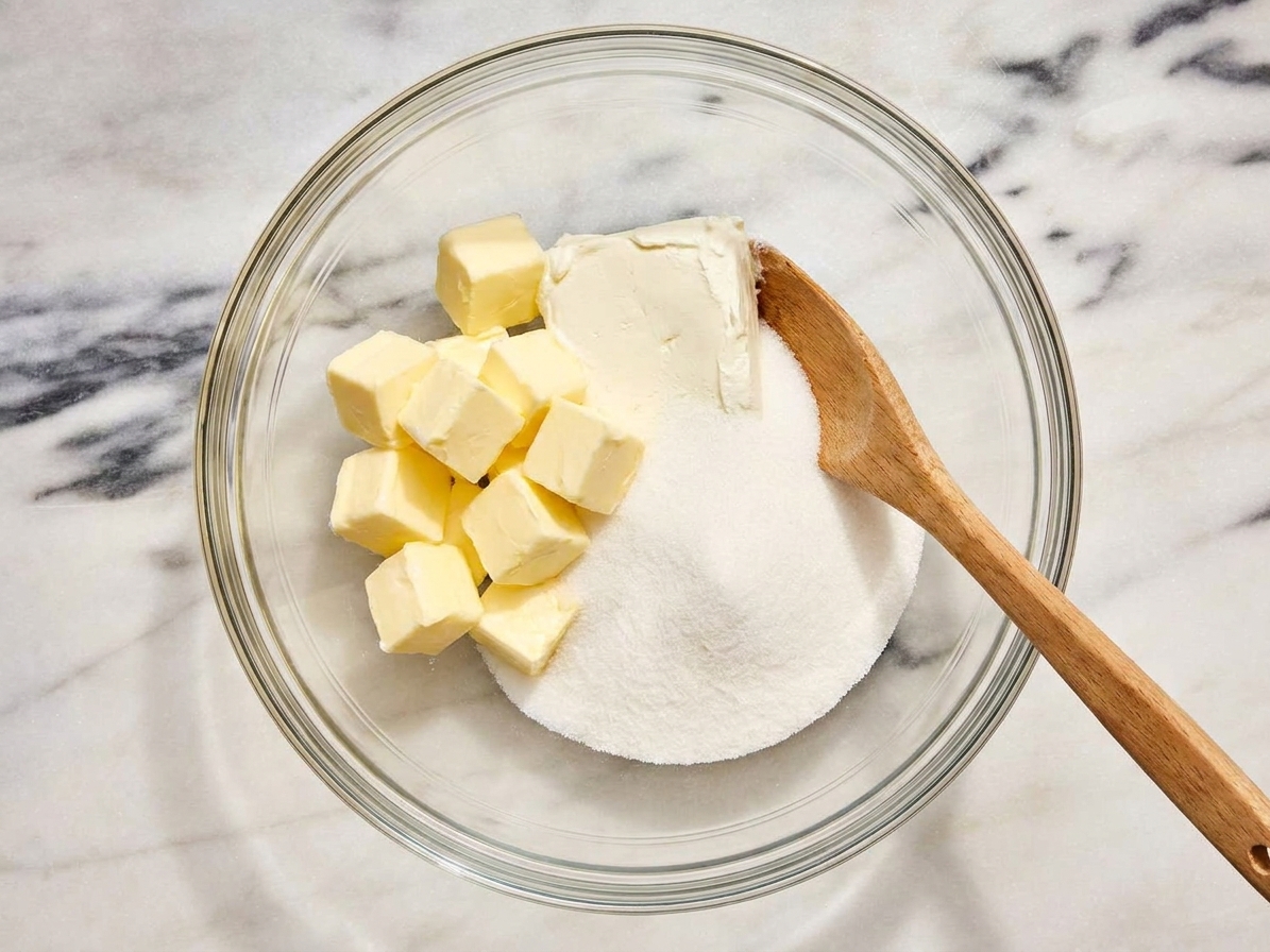 Softened butter, cream cheese, and sugar in a mixing bowl ready to be creamed