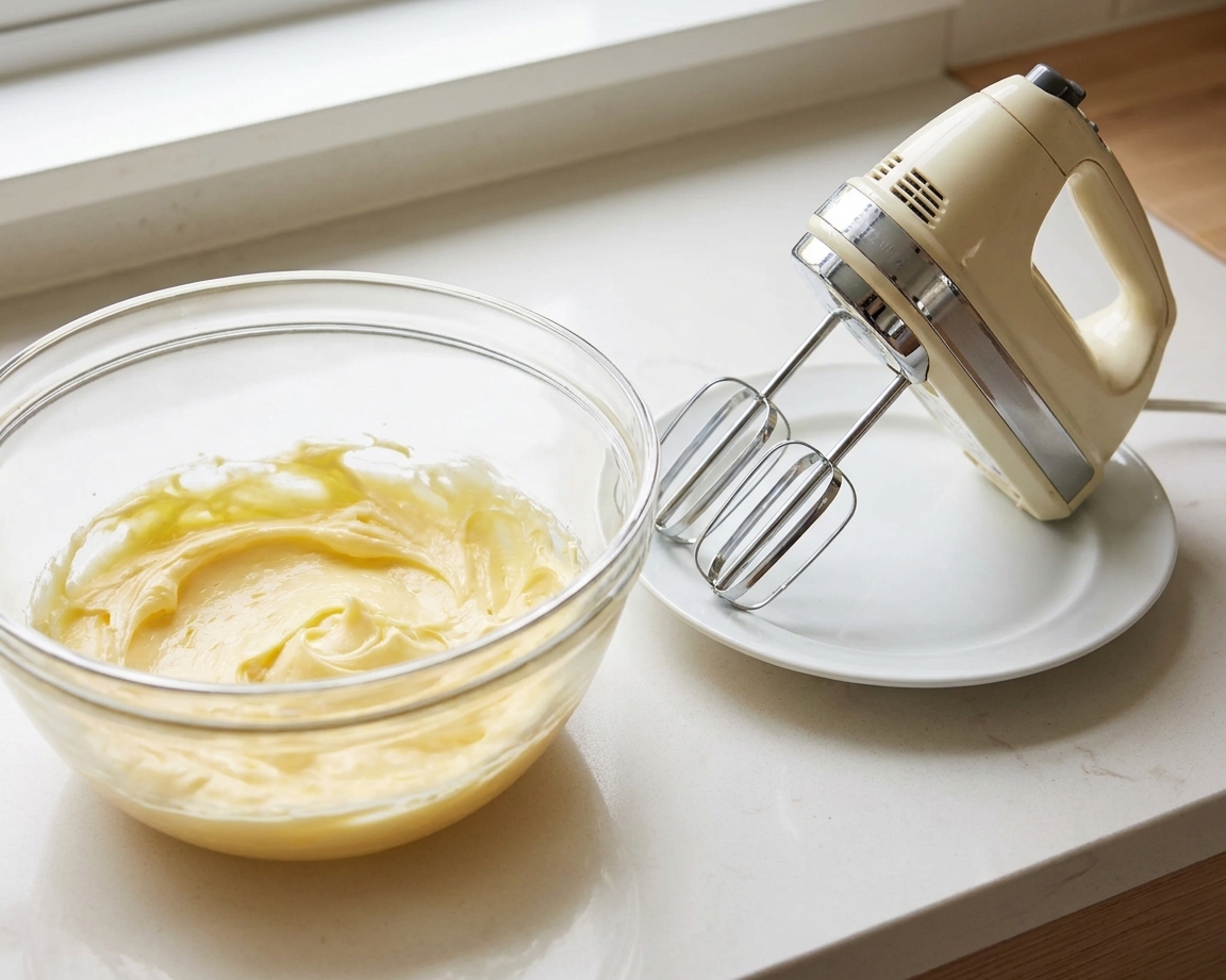 Softened butter in a glass mixing bowl with a hand mixer resting nearby on a light kitchen counter