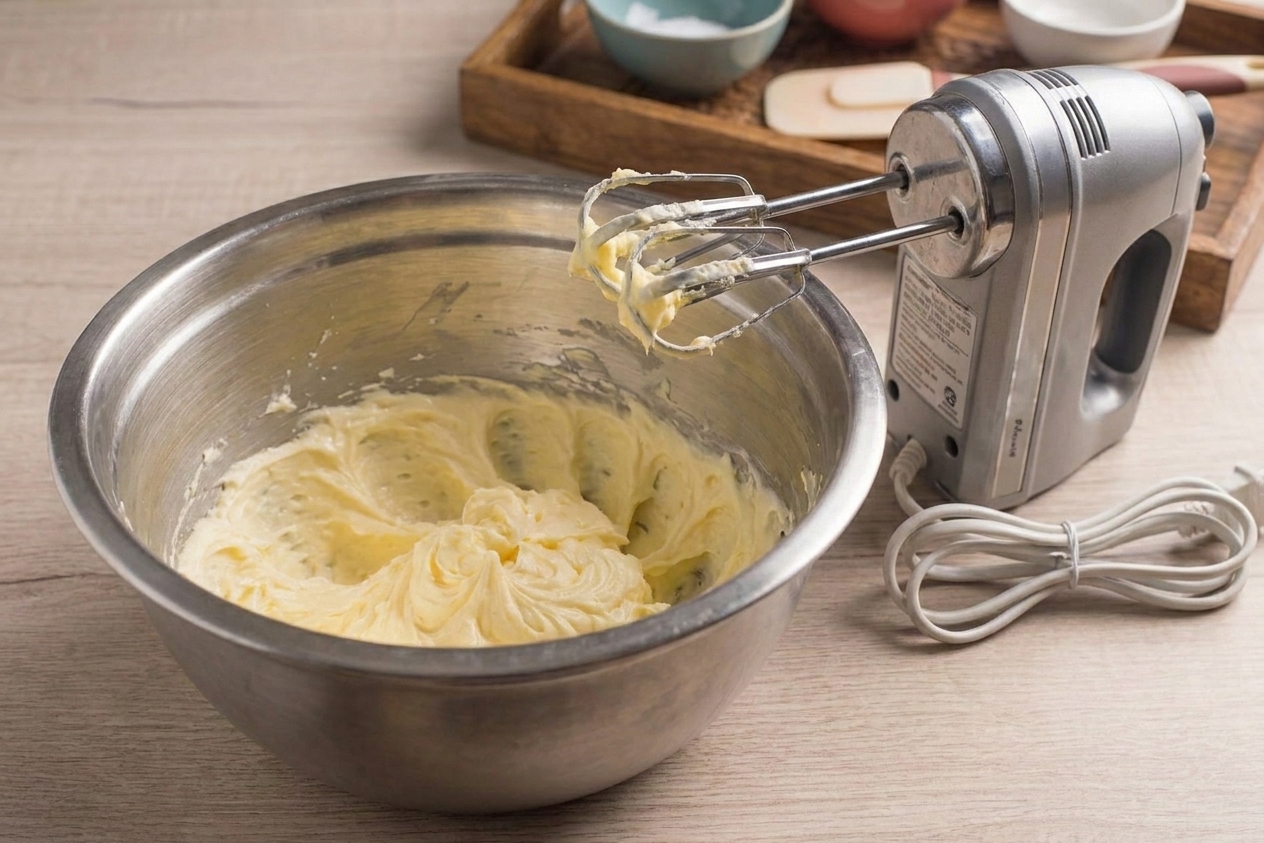 Softened butter in a large mixing bowl on a kitchen counter with a hand mixer resting beside it