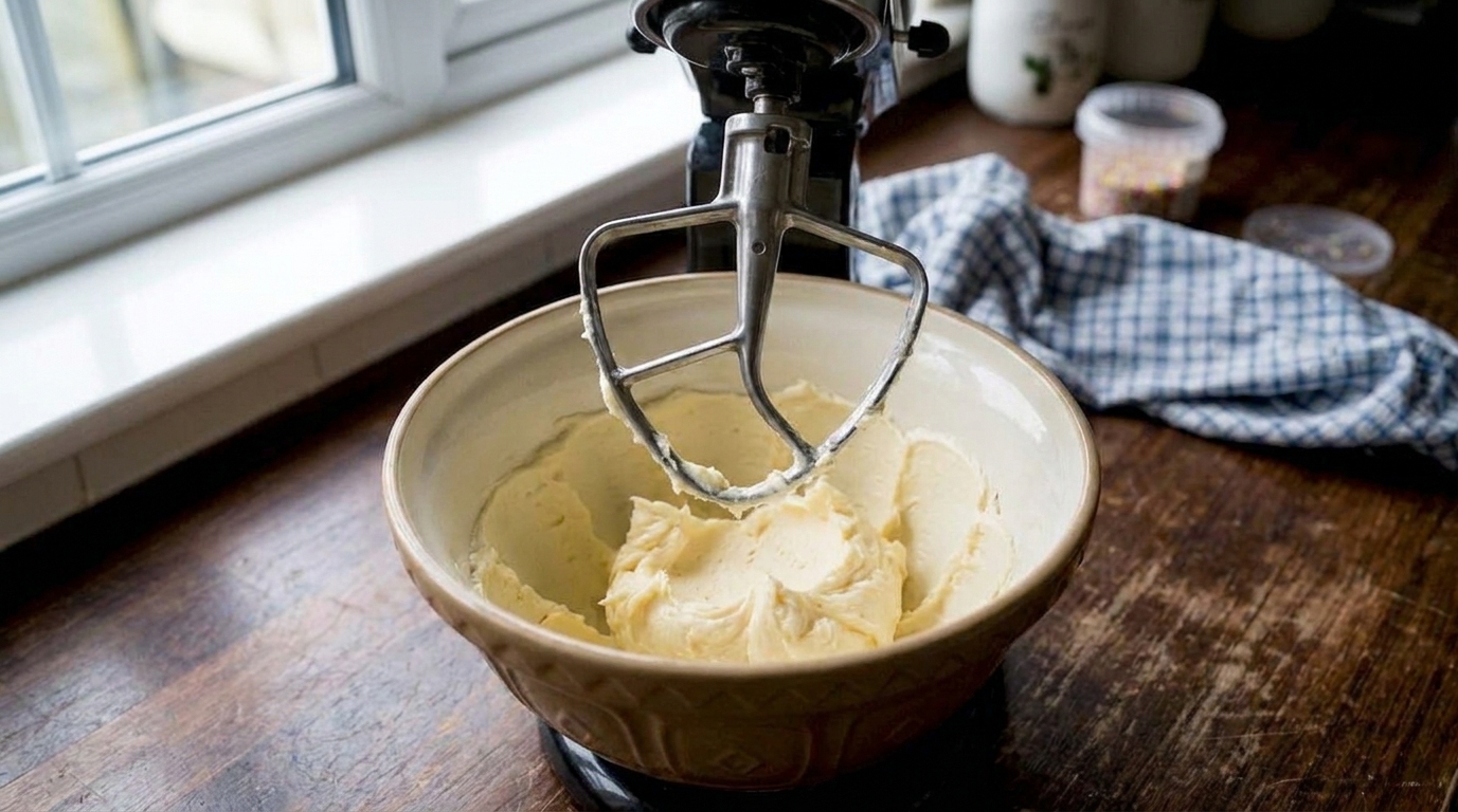 Softened butter in a mixing bowl with a paddle attachment positioned above it on a stand mixer
