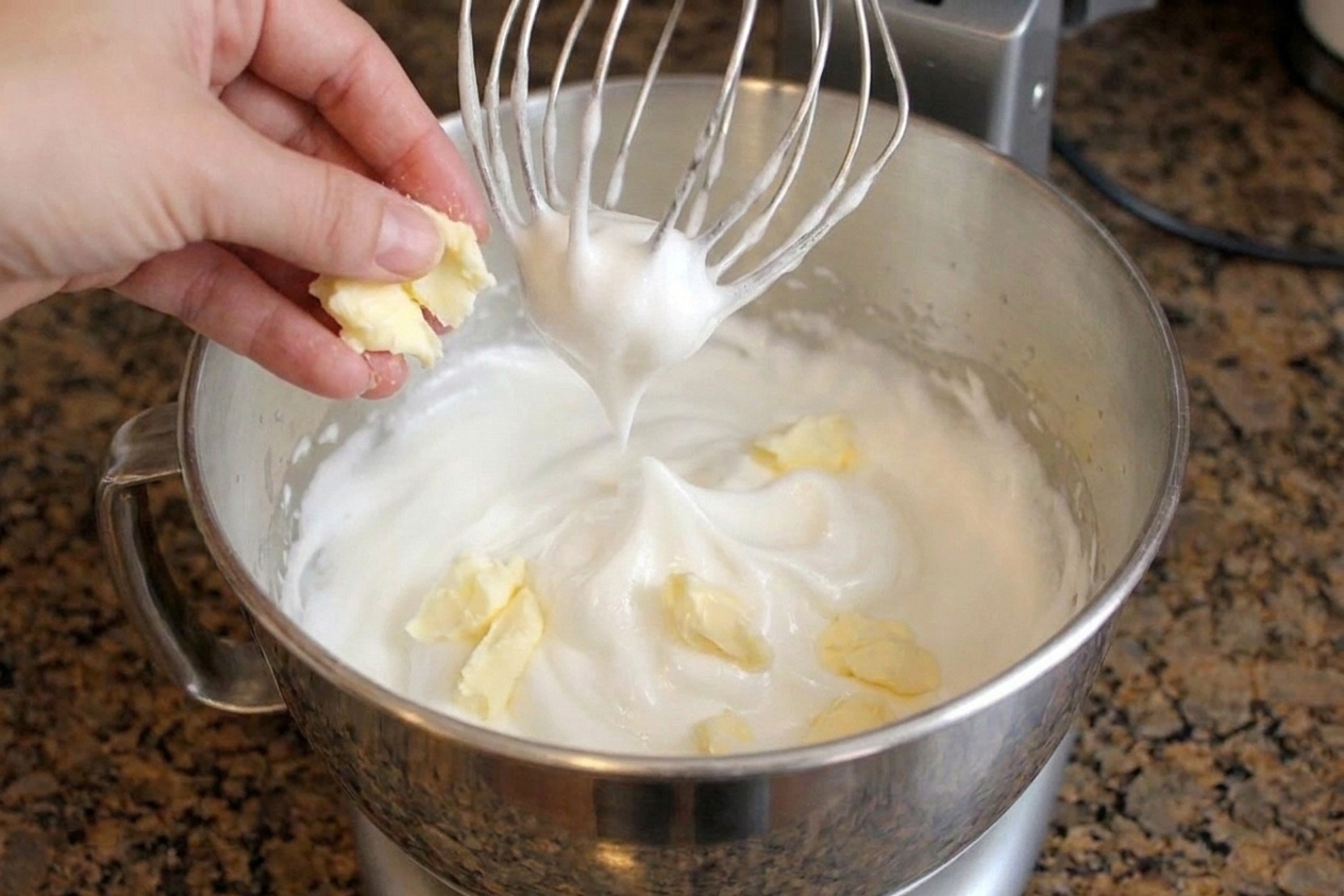 Softened butter pieces being added to a bowl of whipped meringue in a stand mixer while it runs
