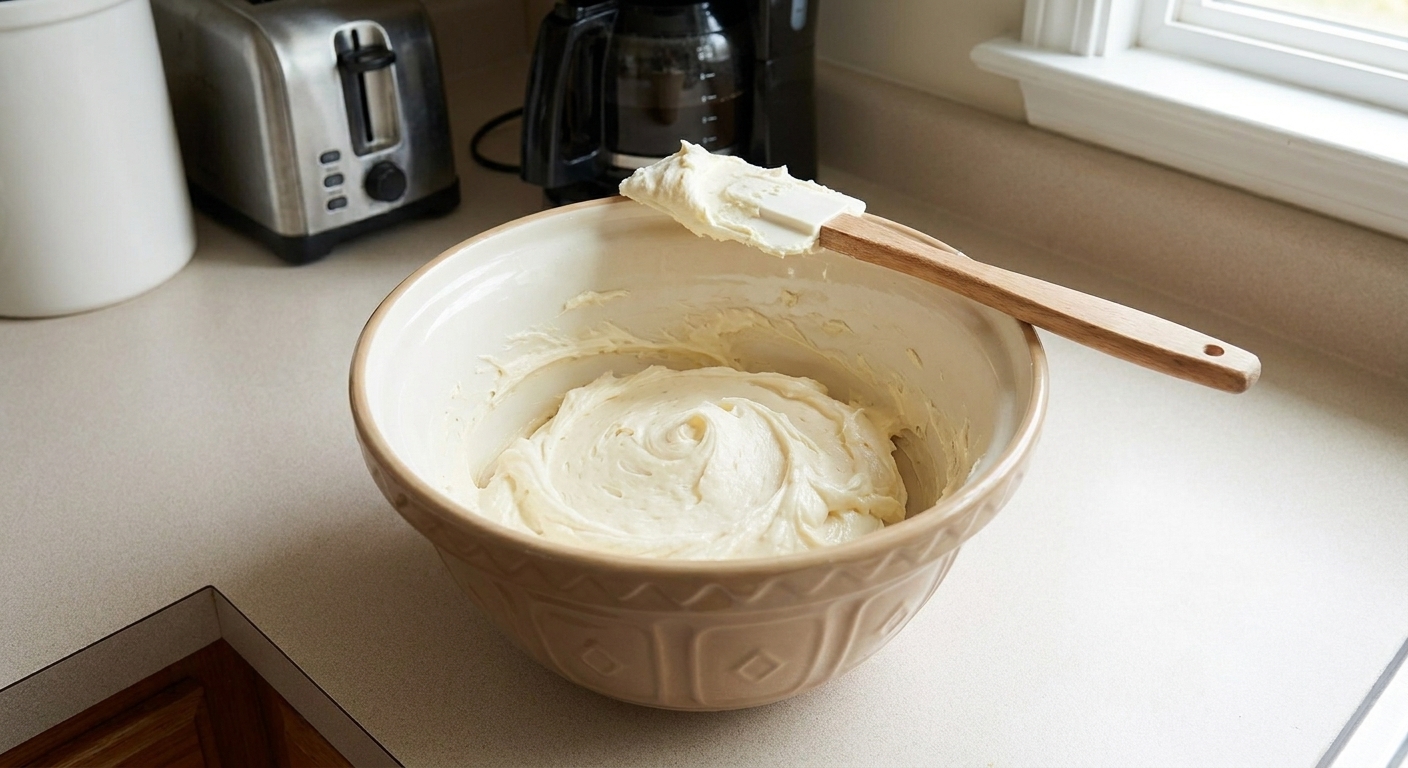 Softened butter whipped pale and fluffy in a mixing bowl with a spatula resting on the rim