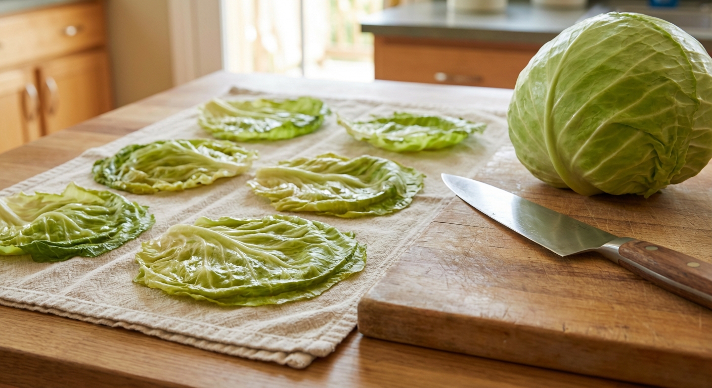 Softened cabbage leaves drying on a clean kitchen towel beside a head of cabbage and a chef's knife on a cutting board
