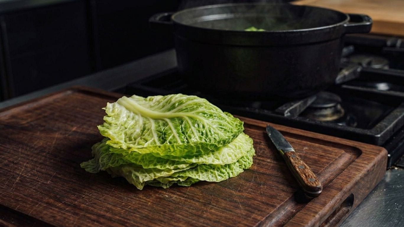 Softened cabbage leaves stacked on a cutting board next to a knife and a pot on the stove, ready for rolling