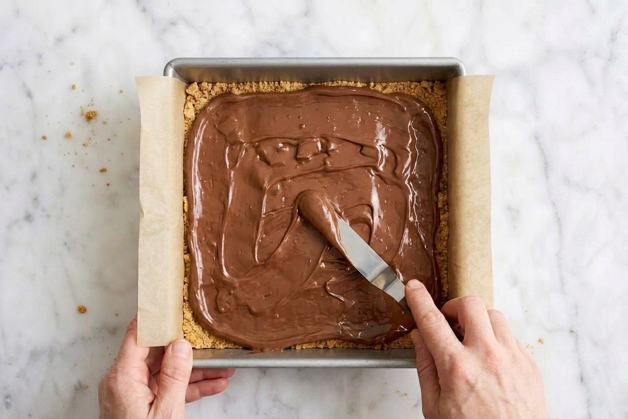 Softened chocolate being spread into an even layer over a warm graham cracker crust in a square baking pan