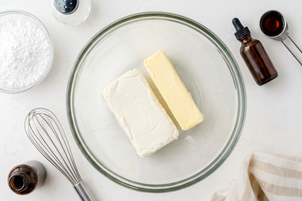 Softened cream cheese and butter in a mixing bowl on a kitchen counter with a whisk and vanilla extract nearby