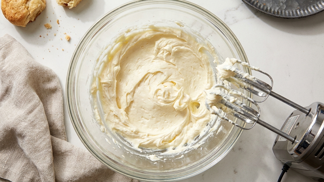 Softened cream cheese and butter in a mixing bowl with a handheld mixer resting nearby on a clean kitchen counter