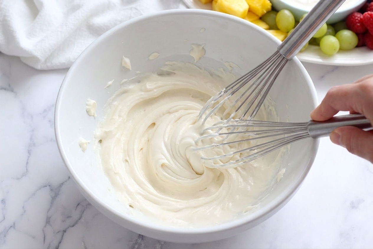 Softened cream cheese being beaten until smooth in a white mixing bowl on a kitchen counter
