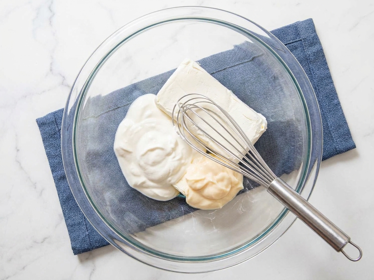 Softened cream cheese in a mixing bowl with sour cream and mayonnaise, ready to be stirred on a bright kitchen counter