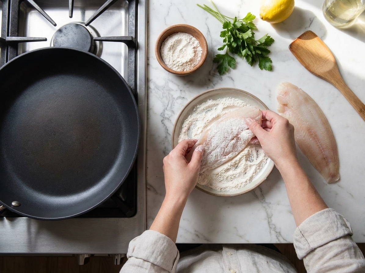 Sole fillets being lightly dredged in flour on a shallow plate beside a skillet on a home kitchen counter