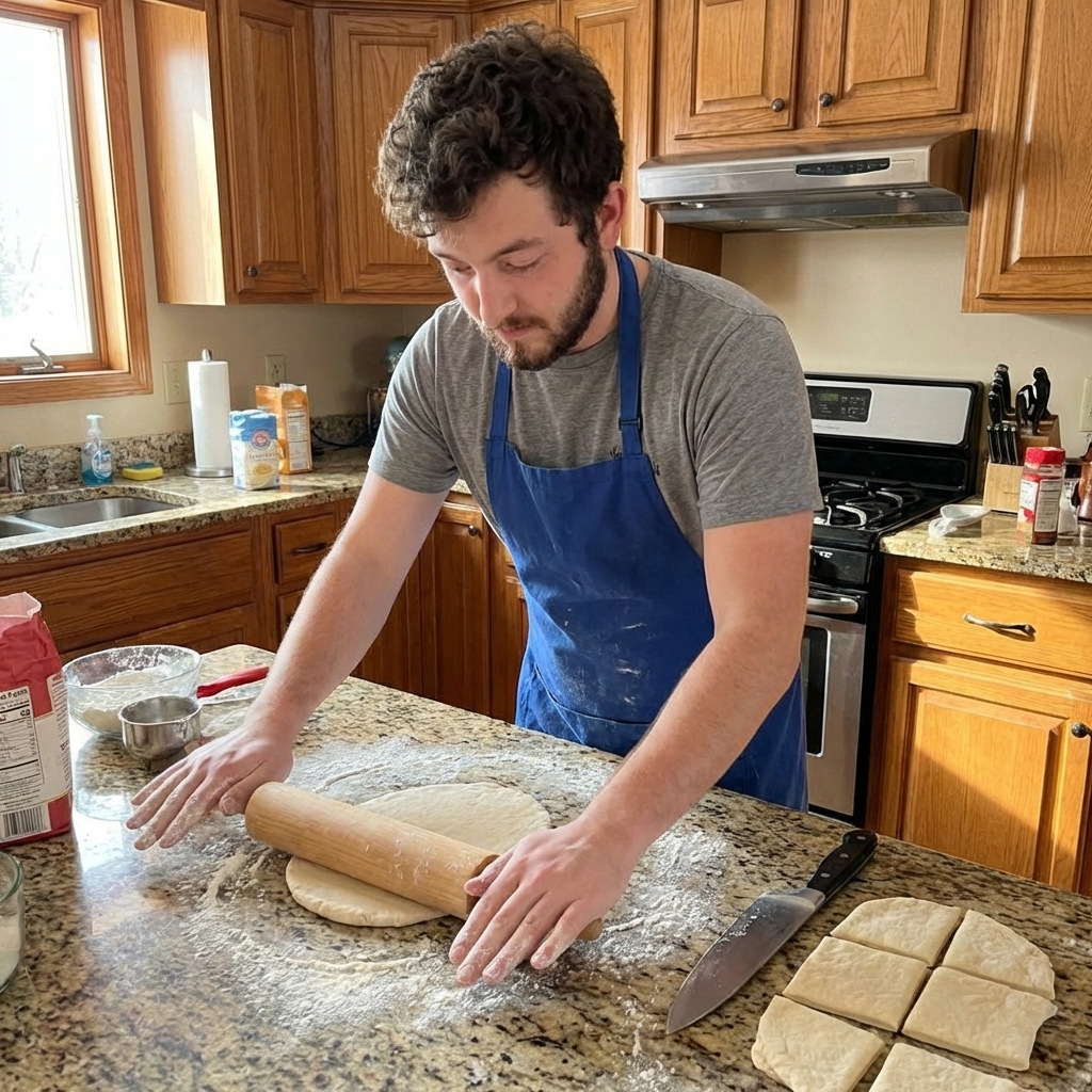Sopapilla dough being rolled out on a lightly floured countertop with a wooden rolling pin, a knife cutting the dough into squares nearby, home kitchen scene