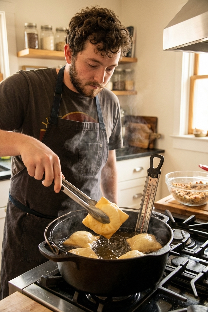 Sopapillas frying in hot oil in a Dutch oven with a clip-on thermometer visible, one puff being flipped with tongs, kitchen stovetop action photo