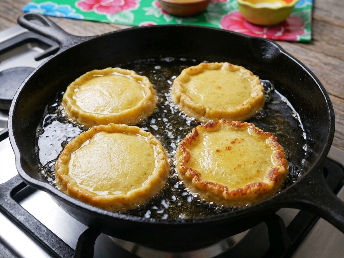 Sopes frying in a cast iron skillet with bubbling oil, edges turning golden brown on a stovetop