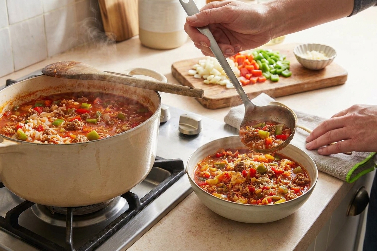 Soup being ladled from a pot into a ceramic bowl on a kitchen counter