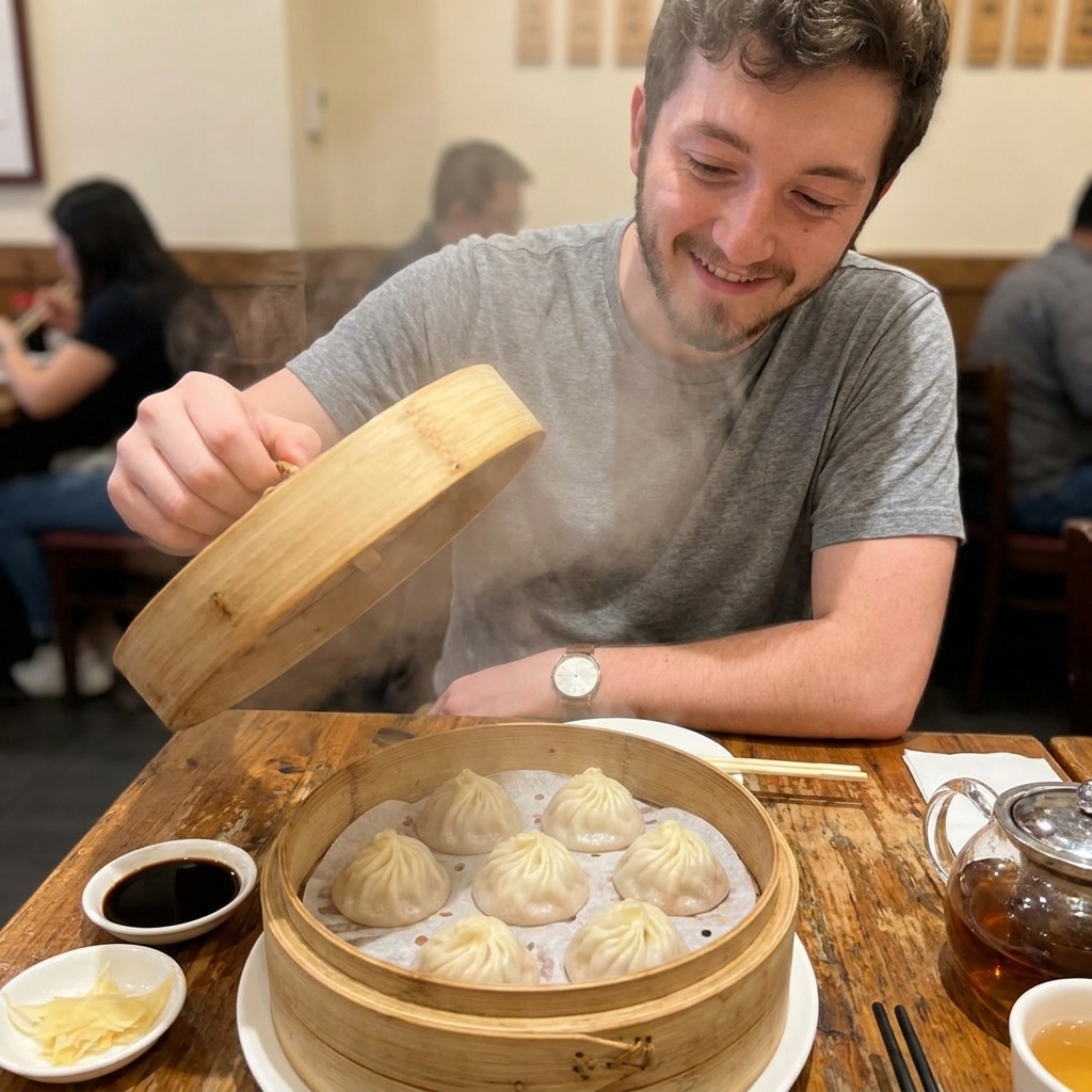 Soup dumplings steaming inside a bamboo steamer lined with parchment, steam rising as the lid is lifted, real food photography