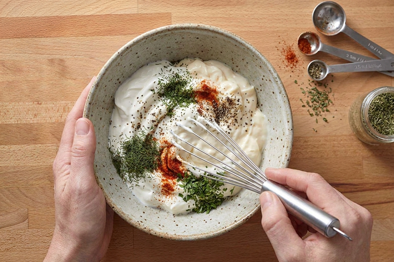 Sour cream and mayonnaise being whisked with dried herbs and spices in a ceramic bowl on a kitchen counter, with measuring spoons nearby