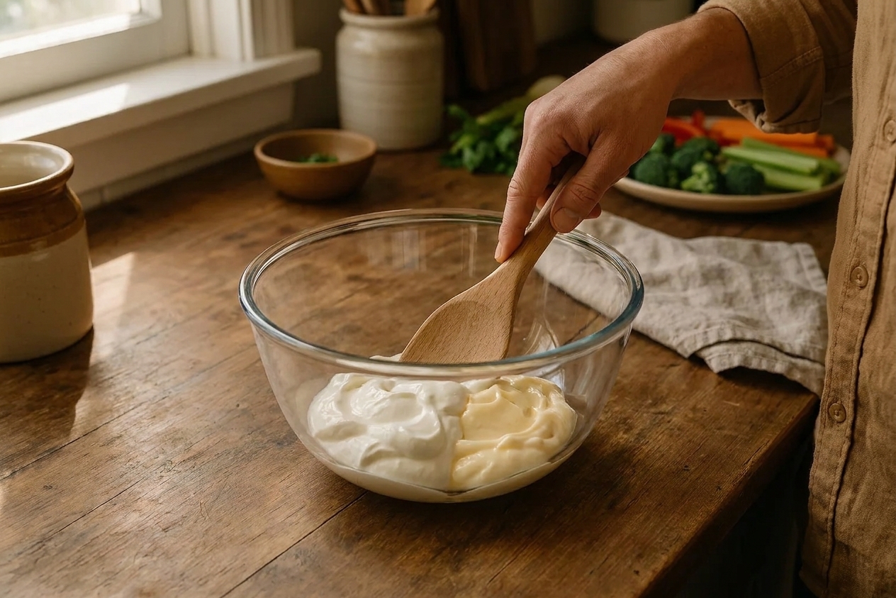 Sour cream and mayonnaise in a glass mixing bowl on a kitchen counter with a spatula, ready to be combined
