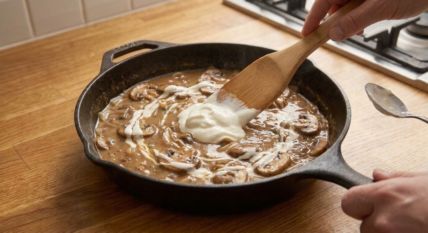 Sour cream being stirred into a creamy mushroom sauce off the heat