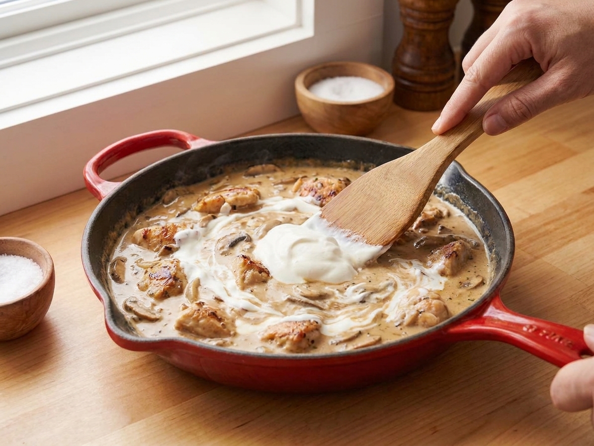 Sour cream being stirred into a skillet of chicken and mushrooms off the heat until the sauce turns silky
