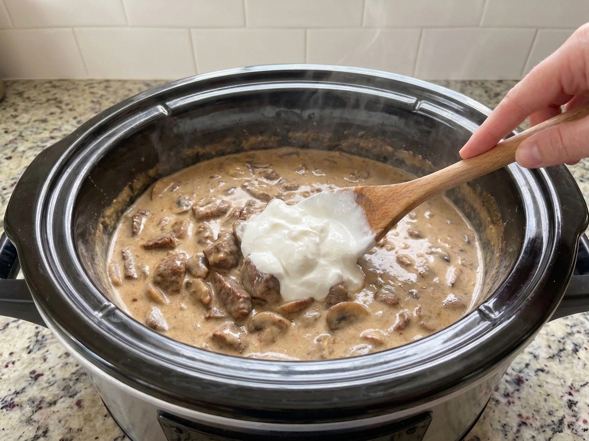 Sour cream being stirred into hot beef stroganoff in a slow cooker insert, the sauce turning creamy and pale brown