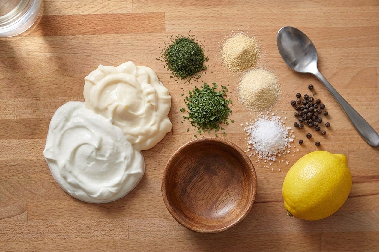 Sour cream, mayonnaise, dried dill, dried parsley, garlic powder, onion powder, lemon, salt, pepper, and a small bowl on a clean kitchen counter with soft natural light