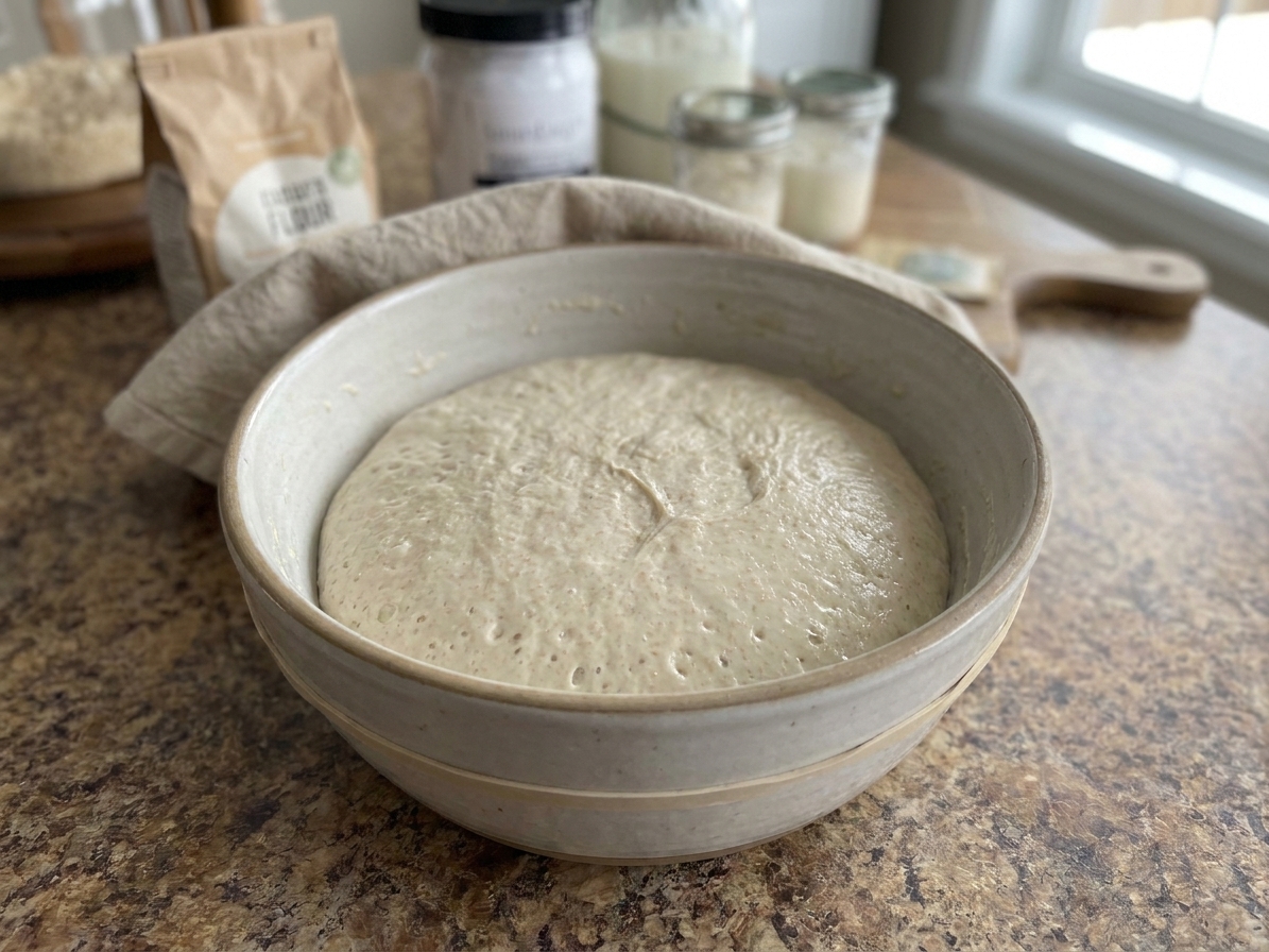 Sourdough dough in a bowl during bulk fermentation with small bubbles visible along the sides