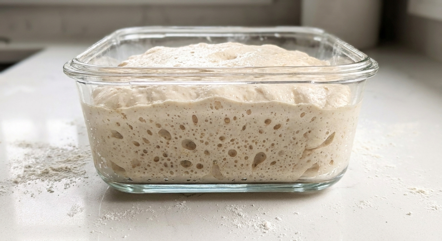 Sourdough dough in a clear container showing bubbles along the sides during bulk fermentation