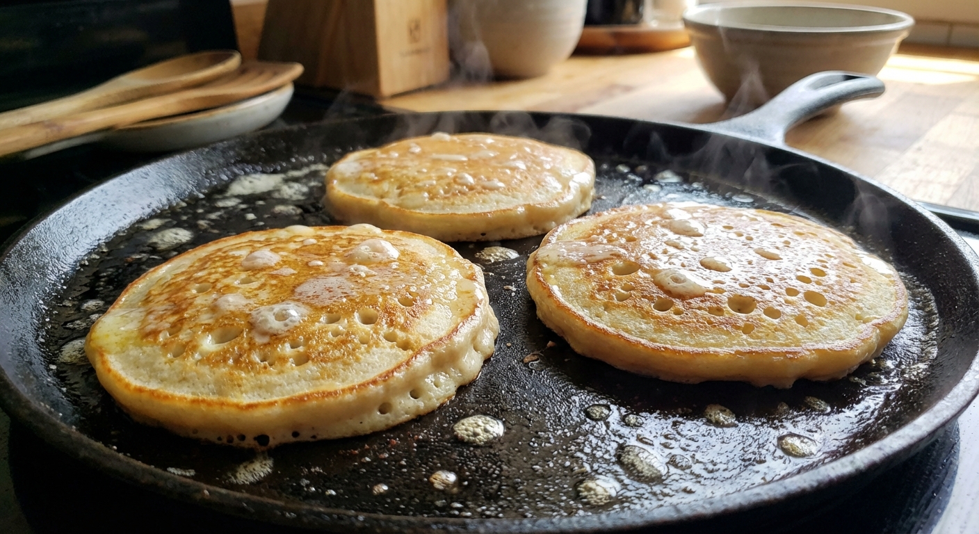Sourdough pancakes cooking on a buttered skillet with bubbles forming on the surface before flipping