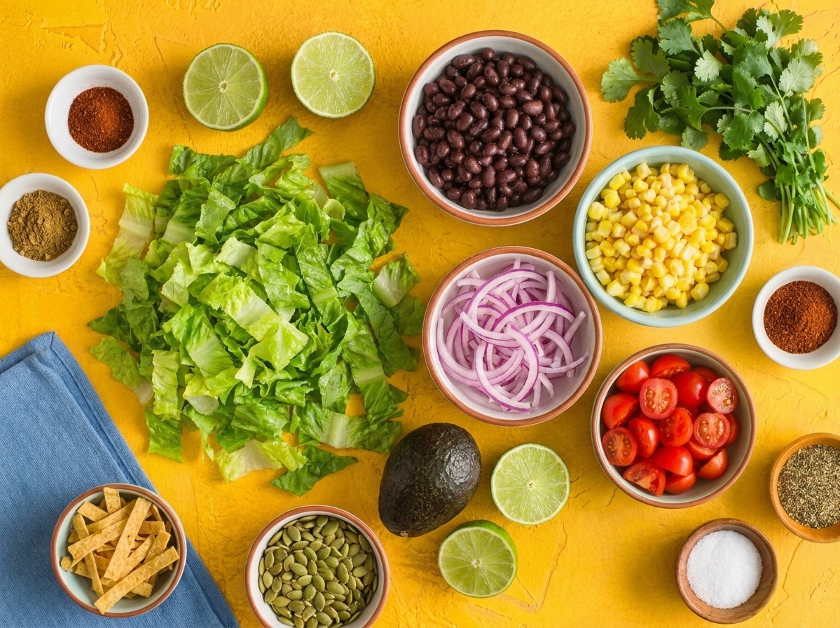 Southwest salad ingredients arranged on a kitchen counter, including romaine lettuce, black beans, corn, limes, cilantro, avocado, cherry tomatoes, red onion, tortilla strips, pepitas, and spices
