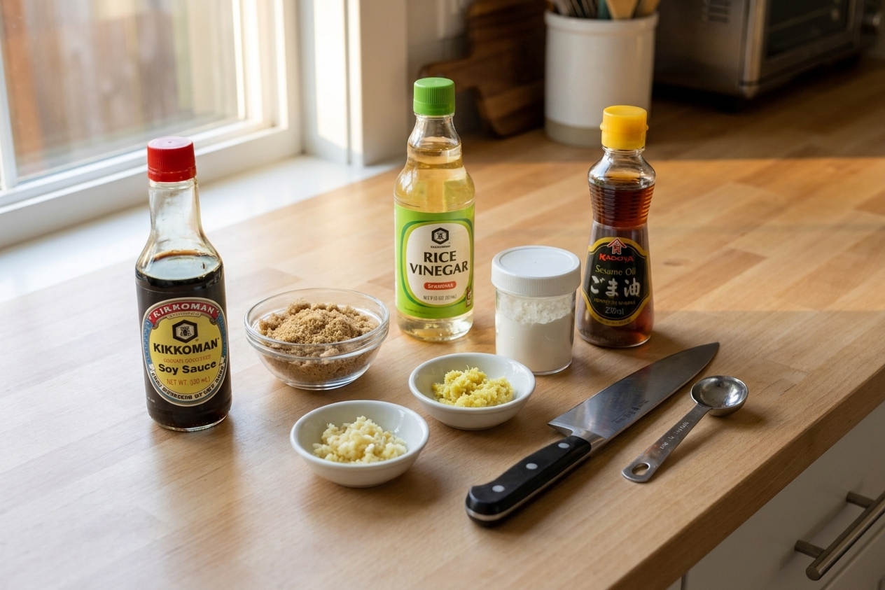Soy sauce, brown sugar, garlic, ginger, rice vinegar, cornstarch, and sesame oil arranged on a clean kitchen counter in warm evening light